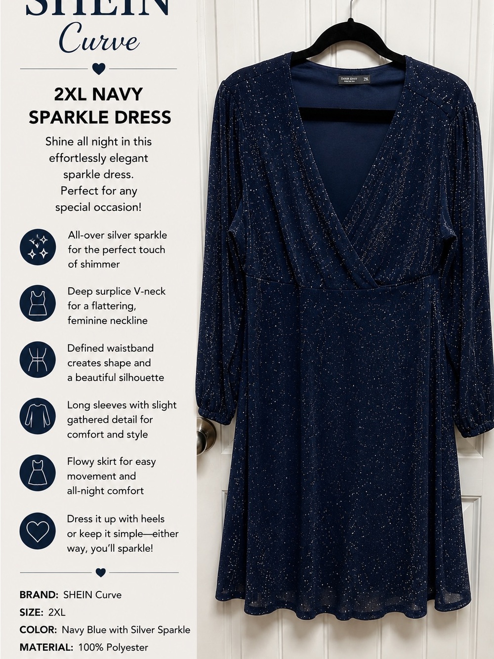SHEIN Navy Blue Sparkle Surplice V-Neck Long Sleeve Dress